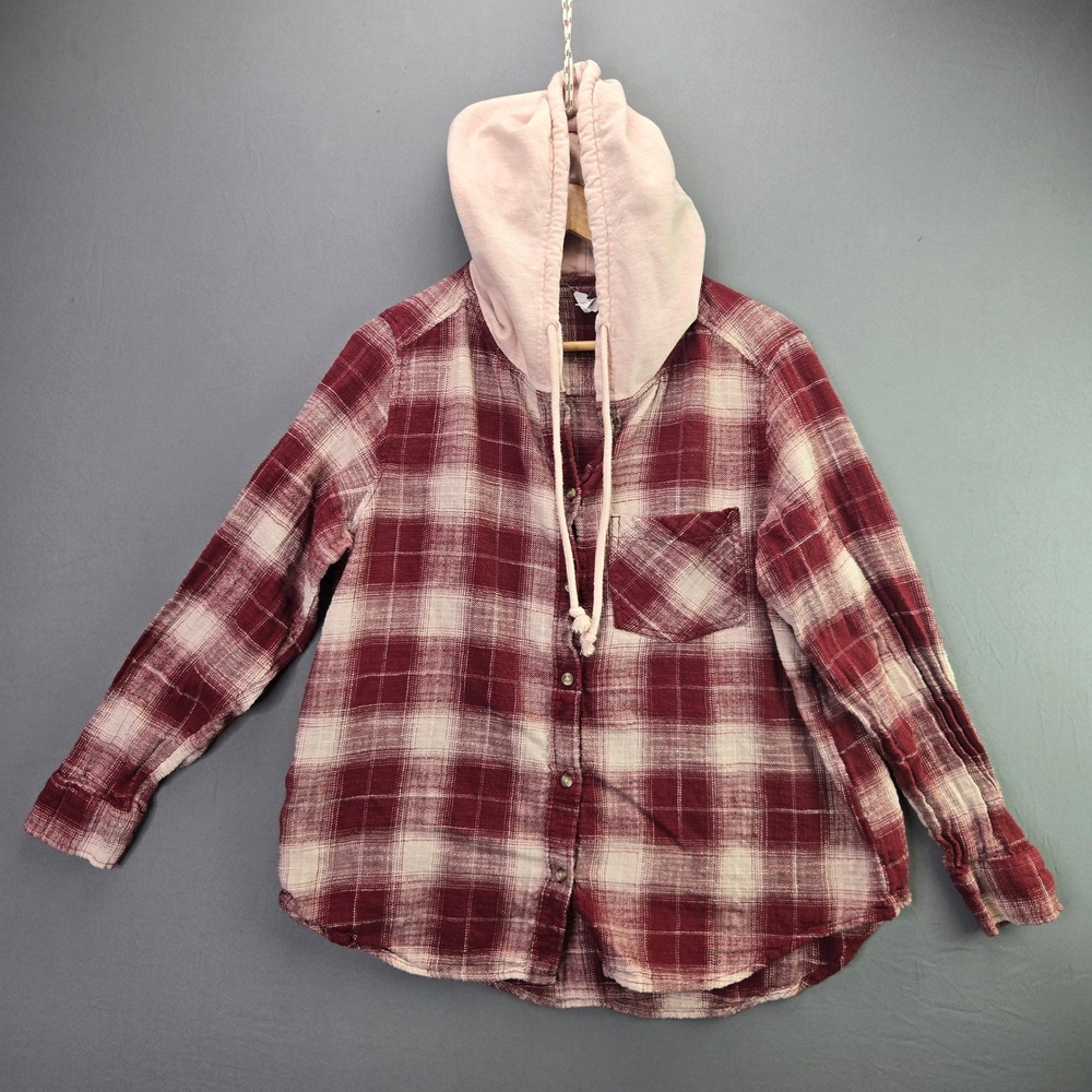 Time and Tru Flannel Shirt Hooded Plaid Button Up Size L Burgundy Cream 3686